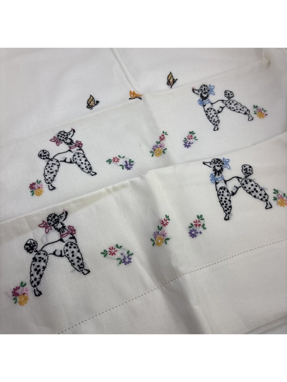 Vintage Hand Embroidered Poodle Couple Pillowcase Pair Standard 19 X 29 in